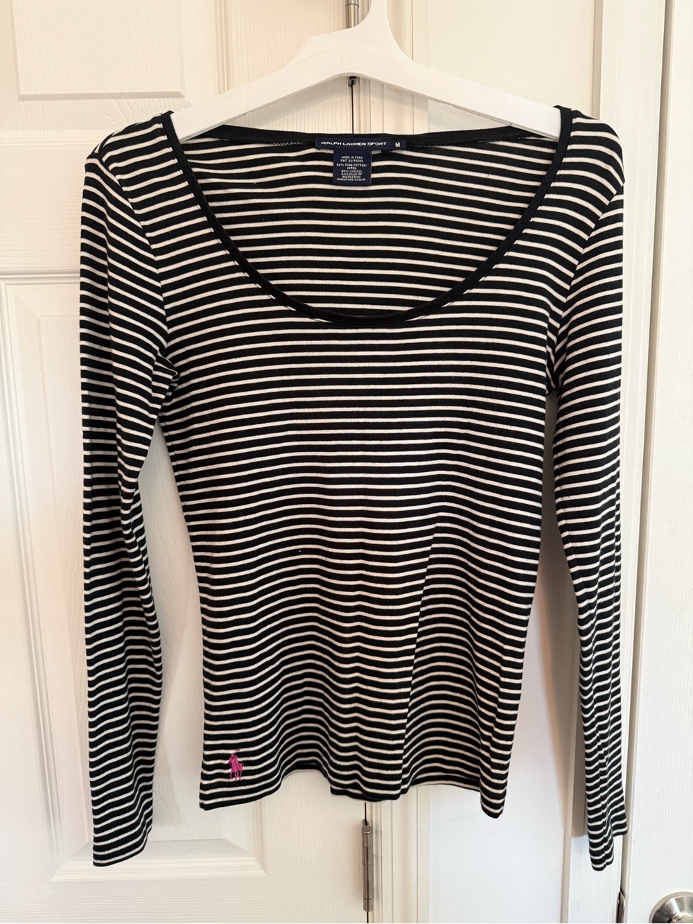 Ralph Lauren Black and White Striped Long Sleeve Scoop Neck Top